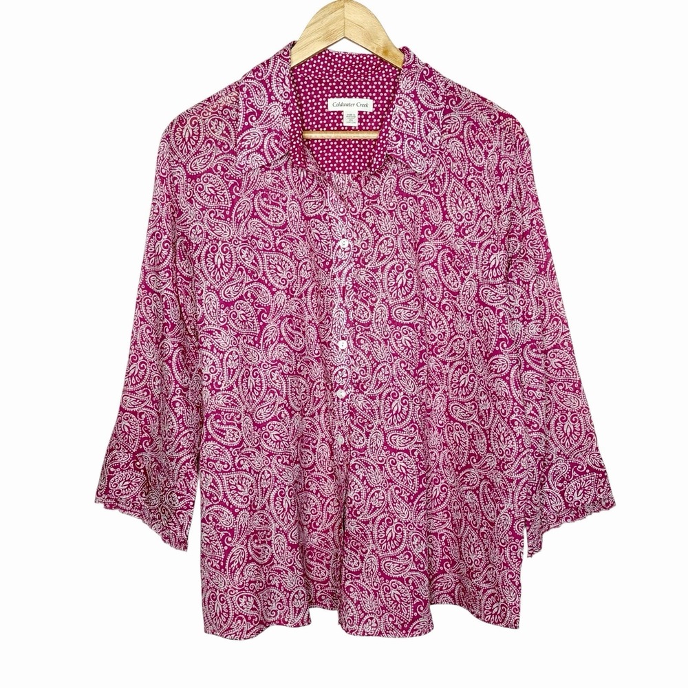 Coldwater Creek Paisley Top Womens Size 2X 3/4 Sleeve Button Up Colorful Work